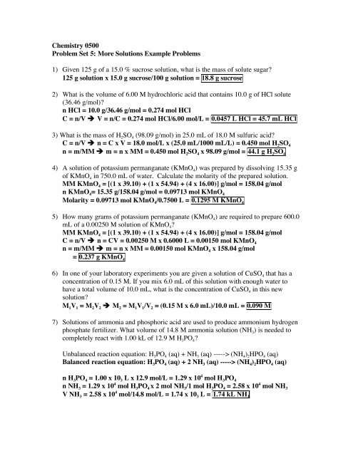 Chemistry 0500 Problem Set 5 More Solutions Example Problems 1