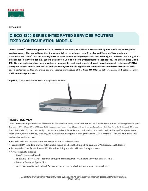 CISCO 1800 SERIES INTEGRATED SERVICES ROUTERS FIXED CONFIGURATION ...