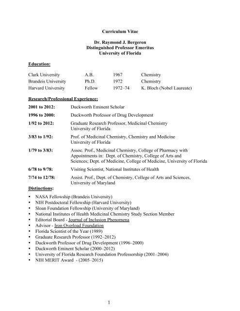 1 Curriculum Vitae Dr. Raymond J. Bergeron Distinguished ...