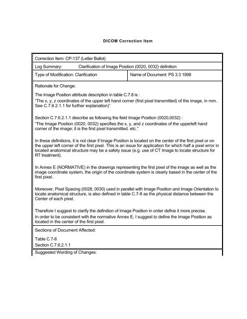 Correction Item: CP-137 (Letter Ballot) Log Summary ... - Dicom