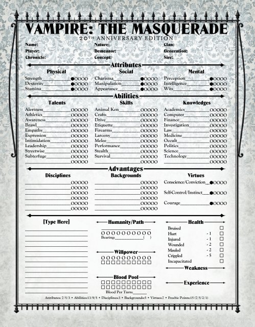 By Night Studios Vampire Character Sheet Expanded by ArcanaJester