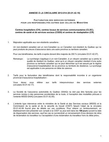 ANNEXE À LA CIRCULAIRE 2012-014 (03.01.42.19) Centres ...