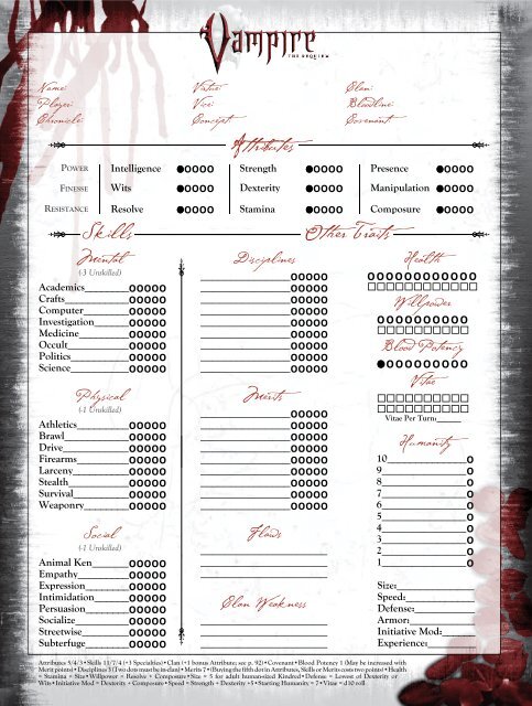 vampire the requiem - character sheet pad - ing - Comprar Jogos de  Role-play antigos no todocoleccion