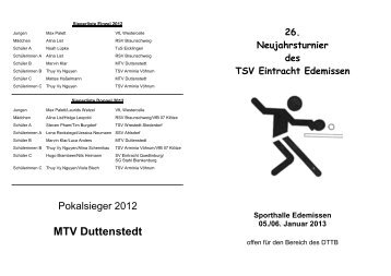 26. Neujahrsturnier des TSV Eintracht Edemissen Januar 2013 - TTVN