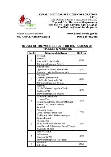 result of the written test for the position of trainees-marketing