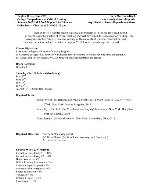 English 101 Syllabus Summer 2013 Pdf Faculty Piercecollege Edu