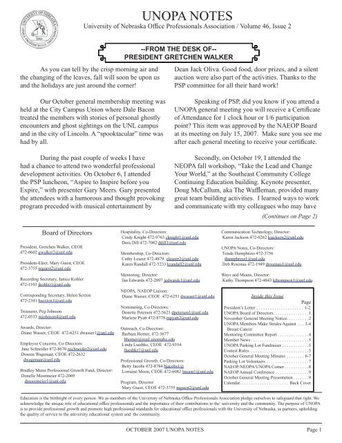 November 2007 Calendar - unopa - The University of Nebraska ...