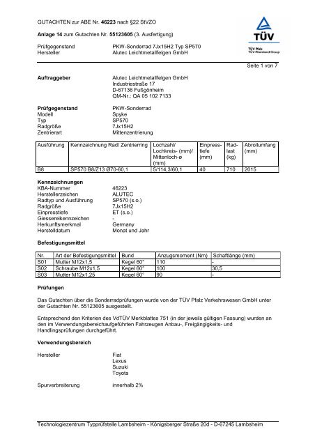 GUTACHTEN zur ABE Nr. 46223 nach §22 Stvzo Anlage ... - Alutec