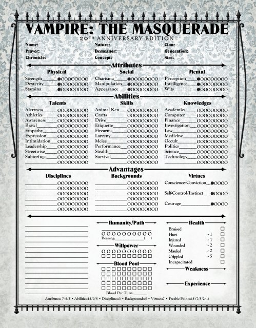 Vampire the Masquerade 5th - Character Sheet