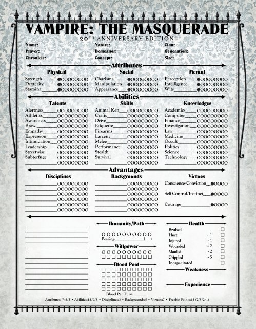 V20 Form Fillable Character Sheet Vtm Printable Forms Free Online
