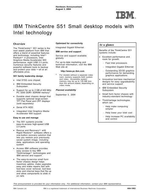 IBM ThinkCentre S51 Small desktop models with Intel technology