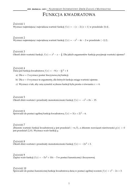 FUNKCJA KWADRATOWA - Zadania.info