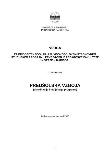 PREDŠOLSKA VZGOJA - Pedagoška fakulteta - Univerza v Mariboru