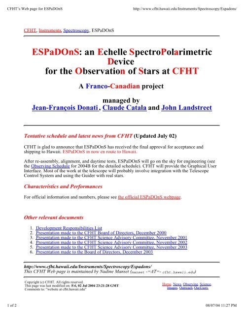 CFHT operating manual - Homepage Usask