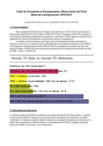 Unité de Formation et Enseignement, Observatoire de Paris Bilan ...