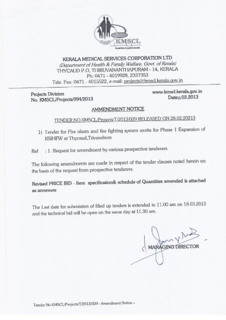 Amendment Notice for Tender Document For Fire Alarm And Fire ...