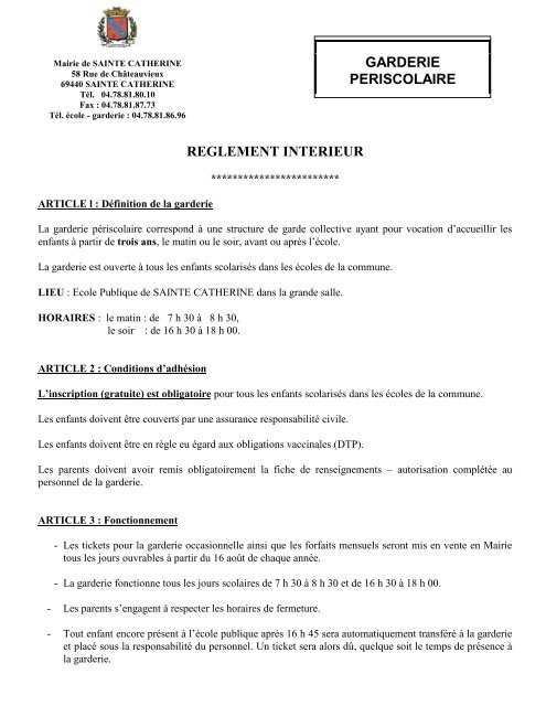 Reglement Interieur Garderie Periscolaire Mairie De Sainte Catherine