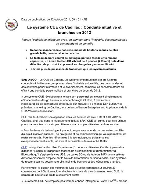Le système CUE de Cadillac : Conduite intuitive et ... - Opel Media