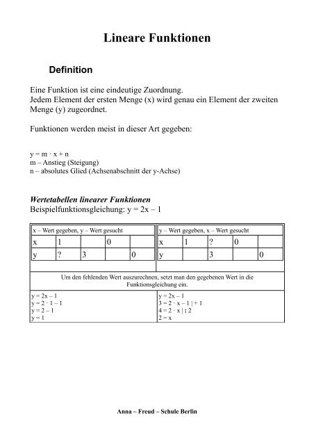 Lineare Funktionen - Anna-Freud-Oberschule