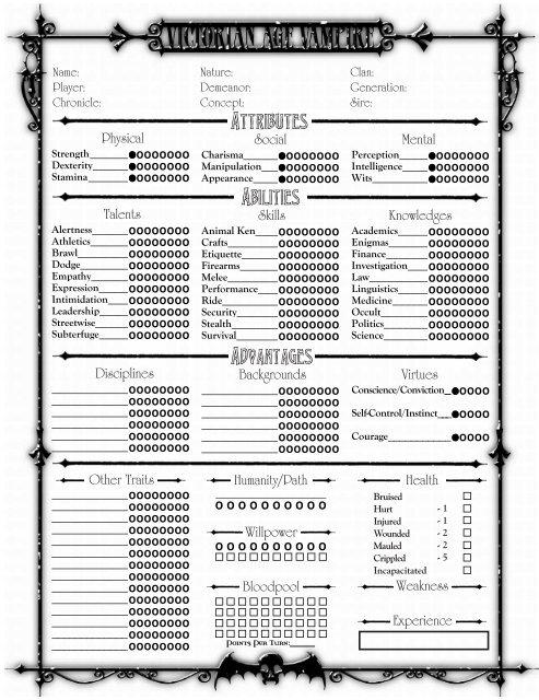 Vampire The Masquerade 20th Anniversary Edition Character Sheet