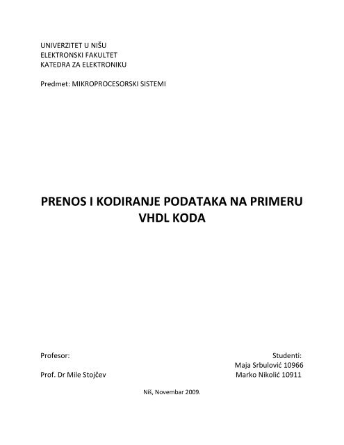 prenos i kodiranje podataka na primeru vhdl koda - Univerzitet u Nišu