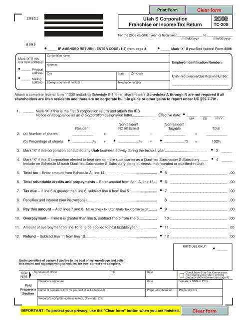 TC-20S Form - Utah State Tax Commission