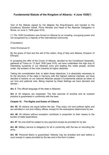 Fundamental Statute of the Kingdom of Albania - 4 June 1939(*)