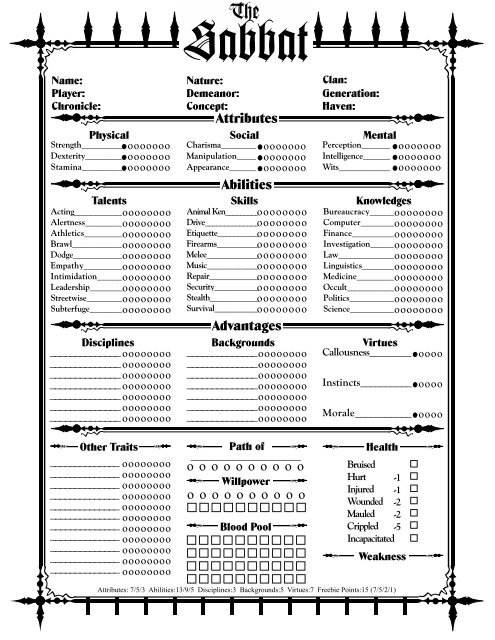 Vampire the Masquerade character sheets