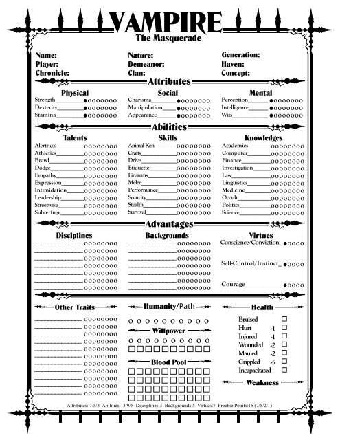 Venger's old school gaming blog: The Original Vampire: the Masquerade  Character Sheet