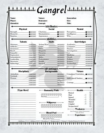 Gangrel 2-Page Neonate Sheet - MrGone's Character Sheets