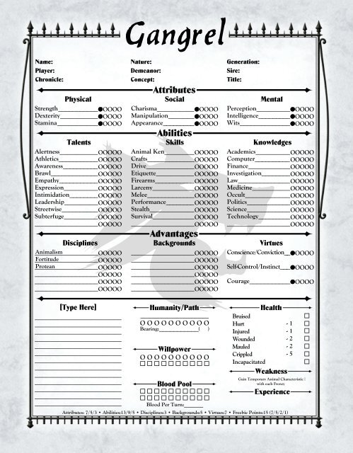 Gangrel Laws of the Night Character sheet