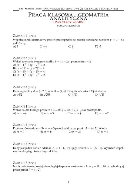 PRACA KLASOWA - GEOMATRIA ANALITYCZNA - Zadania.info