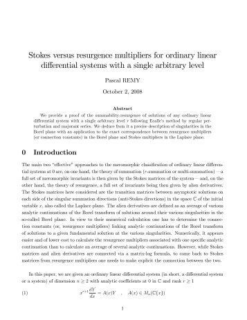 Stokes versus resurgence multipliers for ordinary linear differential ...