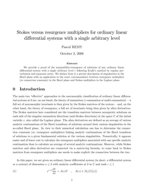 Stokes versus resurgence multipliers for ordinary linear differential ...