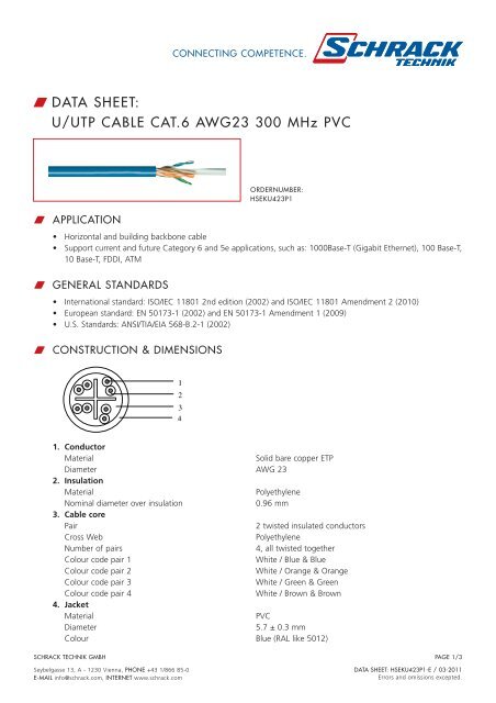 W DATA SHEET: U/UTP CABLE CAT.6 AWG23 300 MHz ... - Schrack