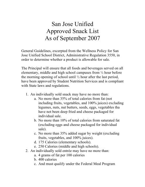 San Jose Unified Approved Snack List As of September 2007