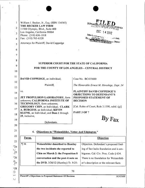 Plaintiff's Objection to JPL's Proposed Statement of Decision, 3