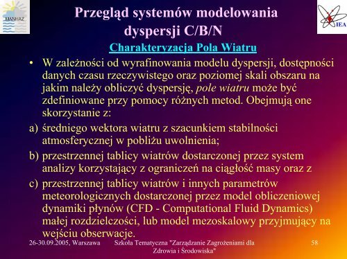 Wymagania modeli dynamiki atmosfery i transportu skażeń w ...