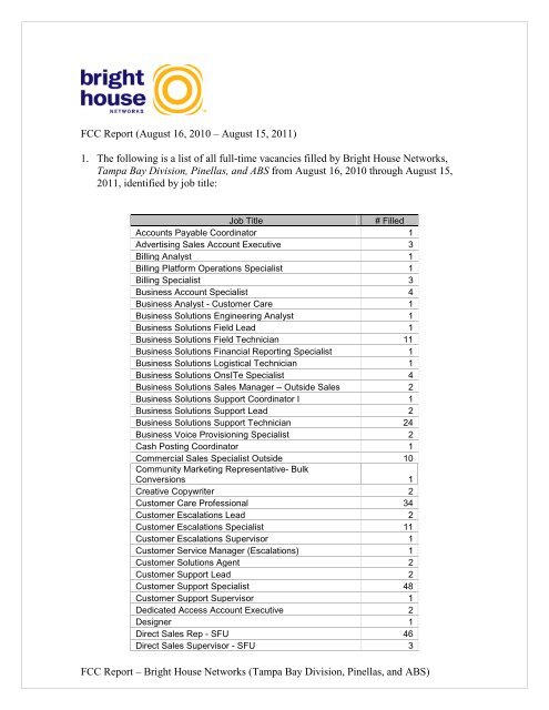 FCC Report (August 16, 2006 – August 15, 2007) - Bright House ...