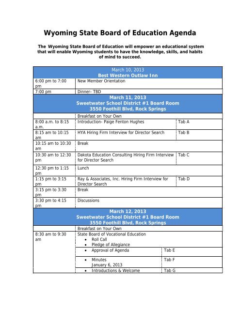 Wyoming State Board of Education Agenda - Wyoming Department ...