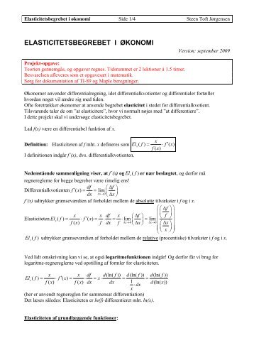 ELASTICITETSBEGREBET I ØKONOMI - Steen Toft Jørgensen