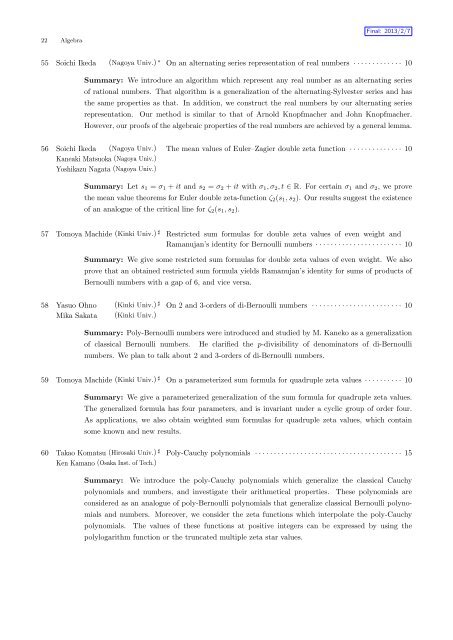 Titles and Short Summaries of the Talks