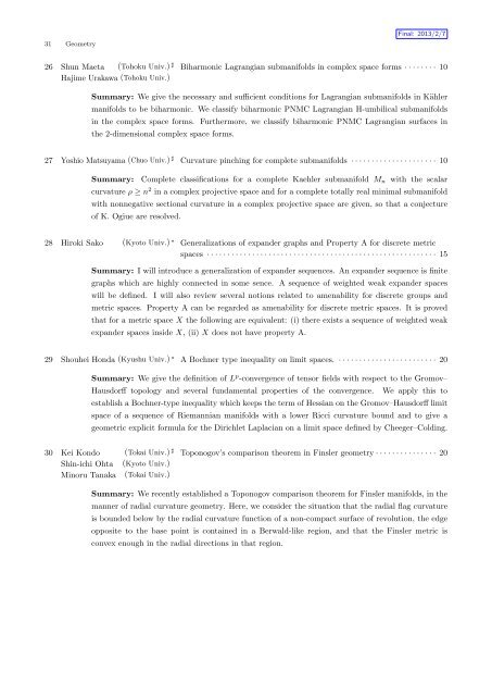 Titles and Short Summaries of the Talks