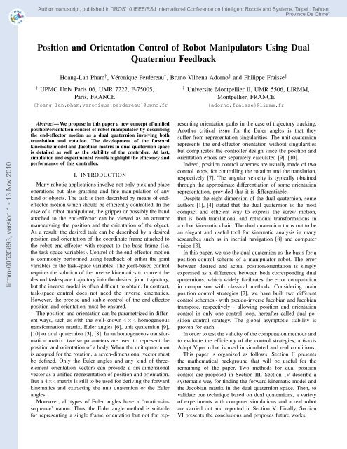 Position and Orientation Control of Robot Manipulators Using Dual ...