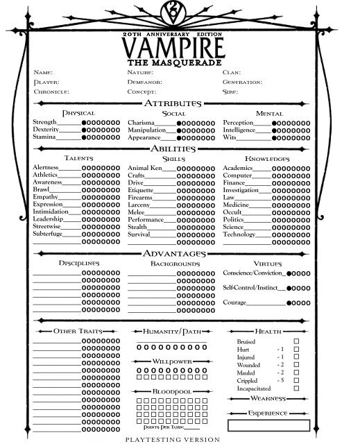 Vampire The Masquerade Character Sheet