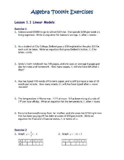 Algebra Toolkit Exercises Faculty Piercecollege Edu