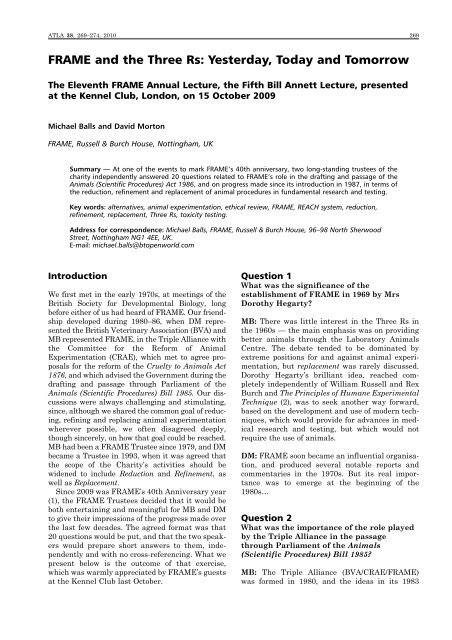 FRAME and the Three Rs: yesterday, today and tomorrow - Altweb FRAME and the Three Rs: yesterday, today and tomorrow - Altweb