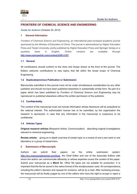 FRONTIERS OF CHEMICAL SCIENCE AND ENGINEERING