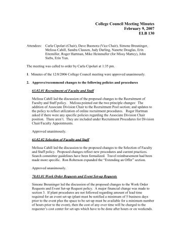 College Council Meeting Minutes February 9, 2007 ELB 130