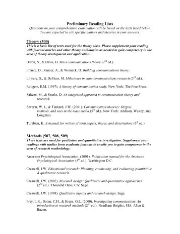 Preliminary Reading Lists Theory (500) Methods (507, 508, 509)